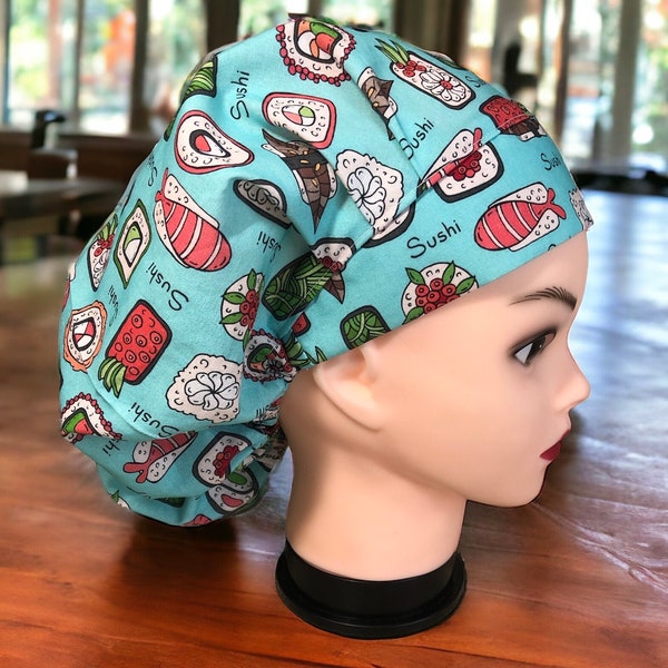 Sushi Delight!  Cotton Scrub Cap  Bouffant Style  Japanese Sushi, Seaweed, Rice Roll. Turquoise , Coral, White FREE SHIPPING