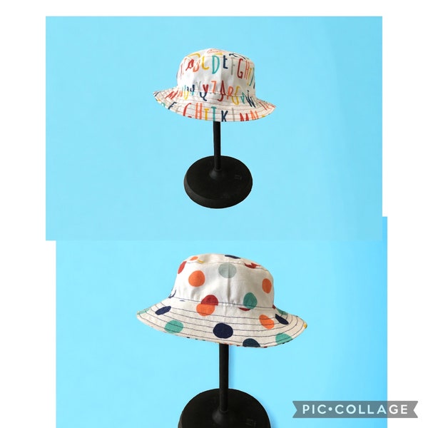 REVERSIBLE Child’s Bucket - Sun Hat, Letters & Polka Dots Size Small approx 12-24 mo 19-20” circumference Unisex Beach Outdoors Stylish