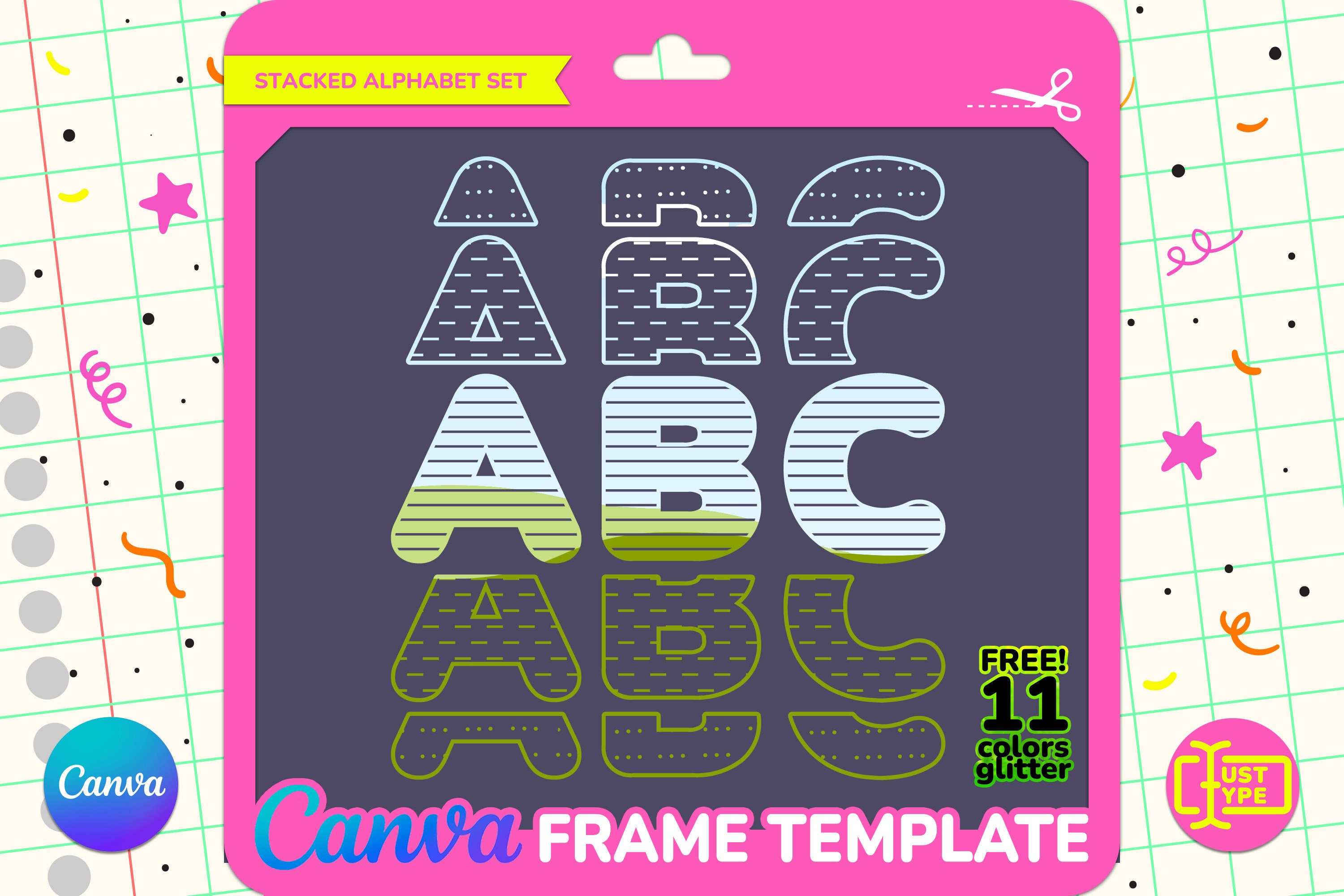 Dash Pattern Stacked Alphabet Canva Frame Template | Editable Line ...
