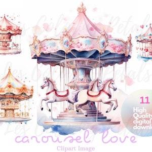 Watercolor Carousel Clipart, Valentine's Day, Newborn, Nursery clipart, Carousel Horse, Baby Shower, Carnival clipart, Love, Download File