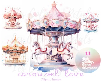 Watercolor Carousel Clipart, Valentine's Day, Newborn, Nursery clipart, Carousel Horse, Baby Shower, Carnival clipart, Love, Download File