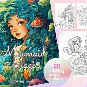 20 Magical Mermaids, under the sea creatures, adorable, flowers, coloring page book, adults + kids instant download - Gift Printable PDF