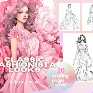 20 Fashion Sketches, Beautiful Women, Hair, Dresses, Coloring Page Book, Design Illustration, adults, Instant Download, Gift Printable PDF image 1