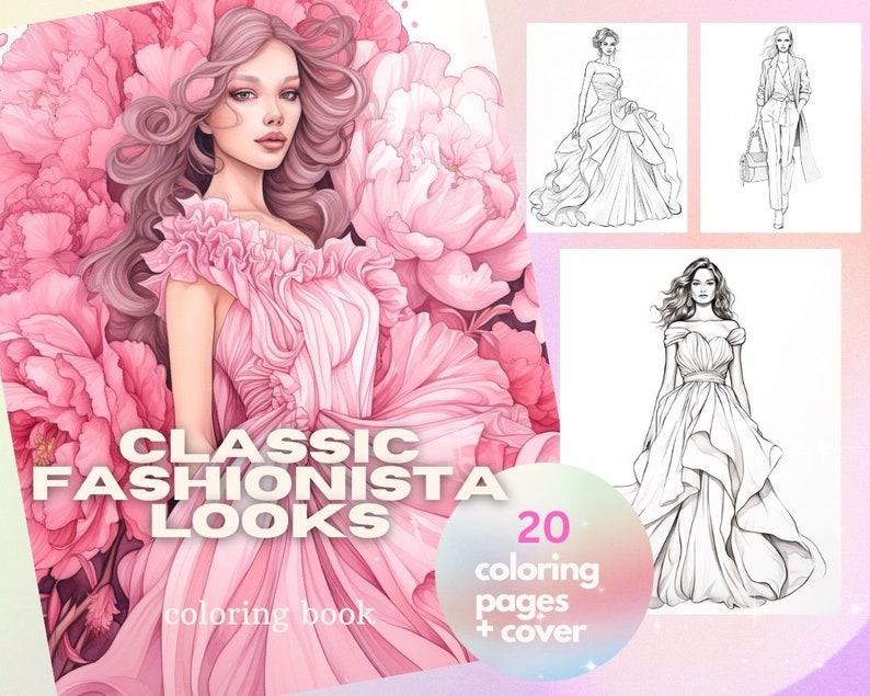 20 Fashion Sketches, Beautiful Women, Hair, Dresses, Coloring Page Book, Design Illustration, adults, Instant Download, Gift Printable PDF image 1