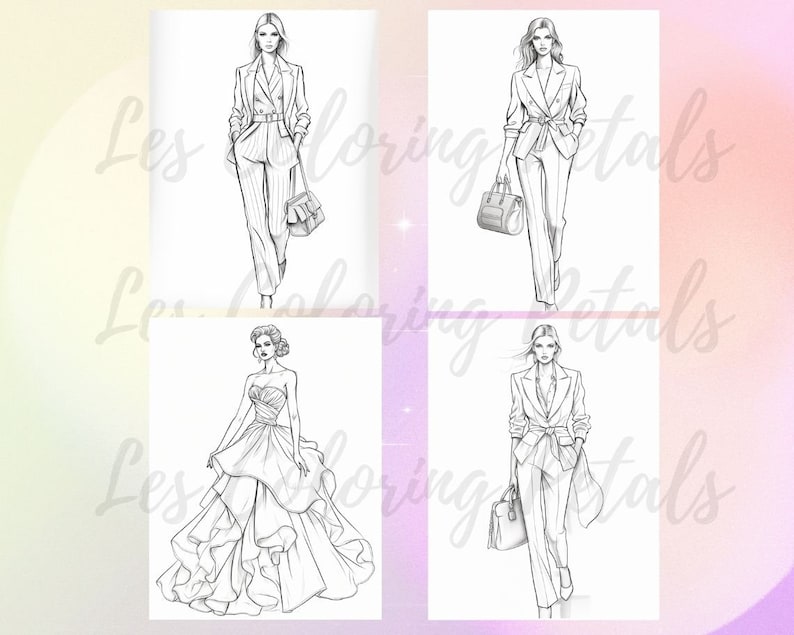 20 Fashion Sketches, Beautiful Women, Hair, Dresses, Coloring Page Book, Design Illustration, adults, Instant Download, Gift Printable PDF image 6