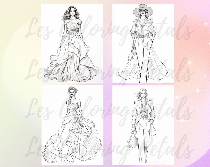 20 Fashion Sketches, Beautiful Women, Hair, Dresses, Coloring Page Book, Design Illustration, adults, Instant Download, Gift Printable PDF image 5