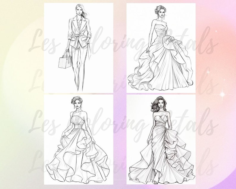 20 Fashion Sketches, Beautiful Women, Hair, Dresses, Coloring Page Book, Design Illustration, adults, Instant Download, Gift Printable PDF image 9
