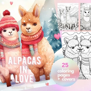 Llama Coloring Book, Alpacas in Love, Adult coloring printable, Coloring pages download romance Lama coloring pages, digital file, greyscale