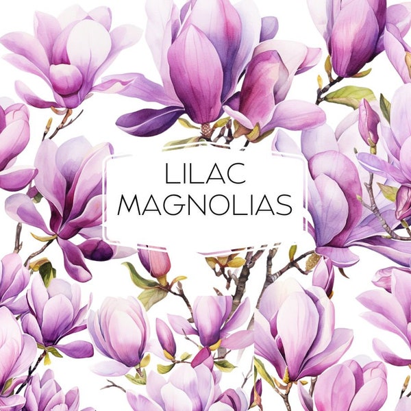 Lilac Magnolia Flower Clipart Watercolor Purple Magnolia PNG Bundle, Lilac Floral Wreath Bouquet Clipart, Digital Download, bloom, lovely