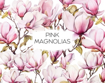 Magnolia Flower Watercolor Clipart Pink Magnolia PNG Bundle, Pink Floral Wreath Bouquet Clipart, Digital Download, Flowers, Wedding, Pastel