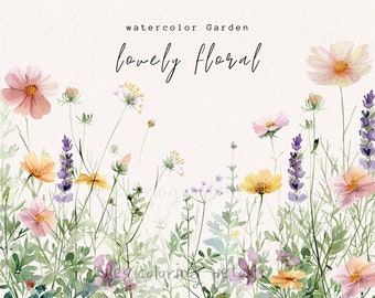 Watercolor Floral Field Clipart Lovely Colours clipart Floral Border Set Lavender Borders Wild Floral Clipart Commercial Use Border Digital