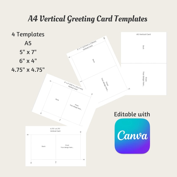 Vertical Greeting Card Template Bundle Blank, Editable Canva Templates - 4.75 x 4.75", 6 x 4", 5 x 7", A5 Foldable Cards - Instant Download