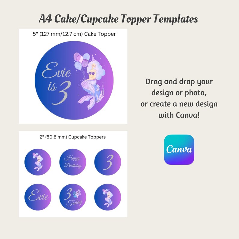 Cake Topper Cupcake Toppers Templates Blank, Editable Canva Templates