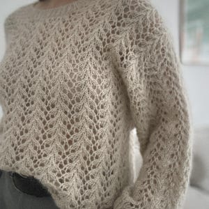 Hand-Knitted Sweater – Wool Alpaca Silk Blend, Beige Lace Knit, Size M