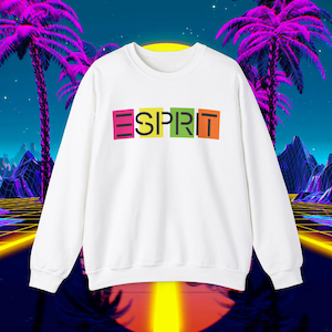 May include: White sweatshirt with a colorful ESPRIT logo printed on the front. The logo is in a retro style with each letter in a different color.