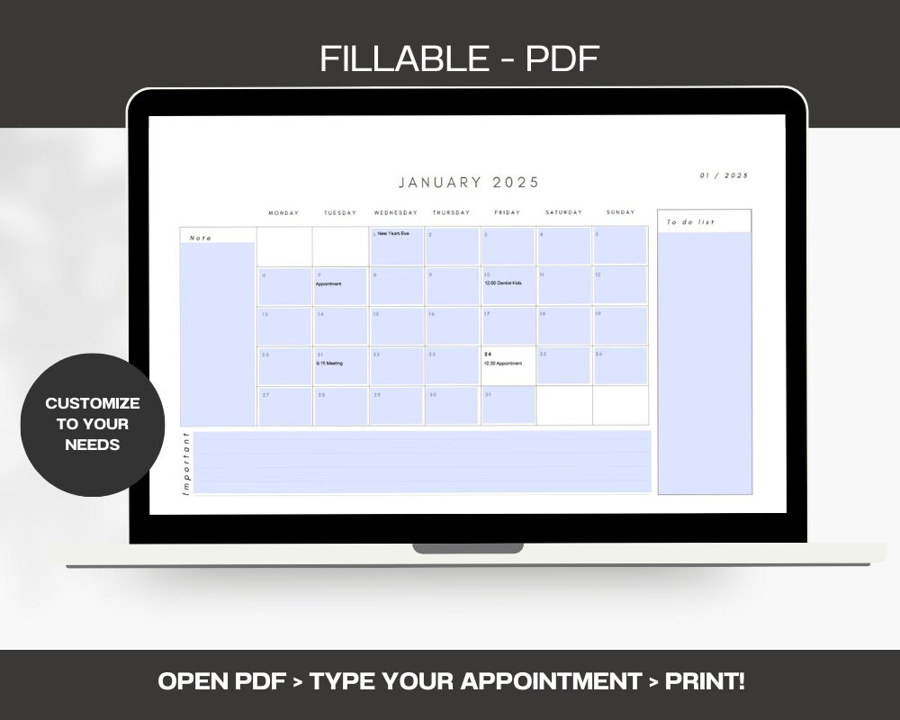 2025 Month at a Glance Fillable PDF Printable Calendar Fillable PDF ...