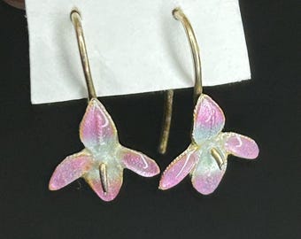 Enameled Pink Lillies Pierced Drop Earrings Vintage Pink & White Lily Earrings