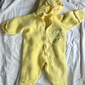 Fuzzy Hooded Winter Onesie with Embroidered Bear in Soft Sunshine Yellow