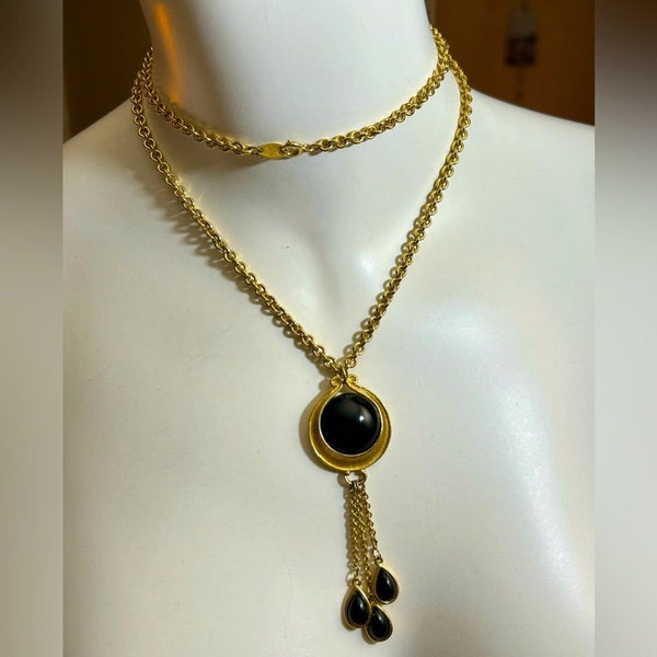 Vintage Trifari Gold Tone Black Cabochon Dangle Necklace 31