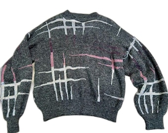 Vintage Kennington 80s Sweter Made in Italy Wełna Mieszanka Abstrakcyjny Wzór Rozmiar L