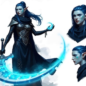 以下が含まれることがあります： 青い肌をしたエルフの女性が、青い長い髪をなびかせ、黒いフード付きのマントと鎧を身につけ、光る青い三日月型の剣を持っている。画像には、エルフの顔のクローズアップと、青色の色合いのカラーパレットも含まれている。