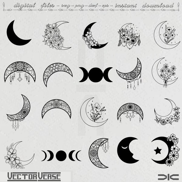 Moon SVG Bundle, Floral Moon svg, Mystic Celestial Svg, Moon and Stars SVG, Crescent Moon Svg, Cut File for Cricut, Silhouette