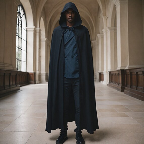 Black Gothic Hooded Fantasy Cloak Men Medieval Halloween Stage Cape Medieval Vampire Goth Cosplay Role Play Carnival Costume