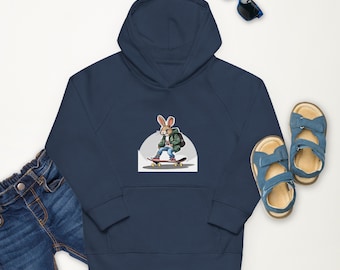 Felpa con cappuccio da skate per bambini Felpa con cappuccio organica per ragazzi per ragazze Felpa con cappuccio da skater abbigliamento per bambini con un'immagine AI Regalo per ragazzo skater di coniglio Felpa con cappuccio vegana premium