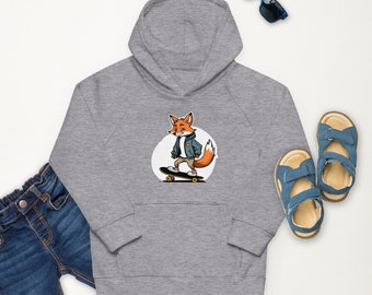 Kids skate hoodie Organic boys hoodie for girls skater hoodie kids clothing with an AI image Fox skater boy gift Premium Vegan Hoodie