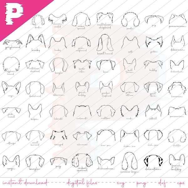 Dog breed ear svg bundle, dog breed svg,dog ears svg,peeking dog svg, dog head outline, dog ears, line art, cut file, silhouette,dog outline