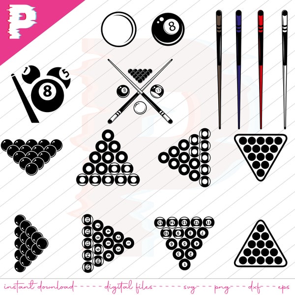 Billiards Svg Bundle,  Pool svg, Rack, Cue, Break, Solids, Stripes, Snooker Svg, Nine Ball svg, 8 svg, Pool Shark, Billiards, Cut file