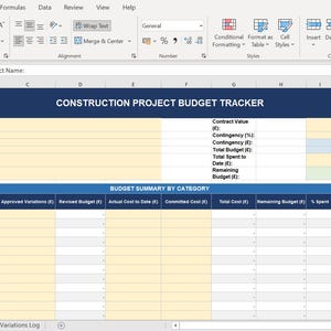 May include: A spreadsheet titled "CONSTRUCTION PROJECT BUDGET TRACKER" in a Microsoft Excel window. The spreadsheet has a blue and yellow color scheme with various fields for project details and budget summaries. The text "At Risk" is visible.