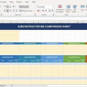 Könnte beinhalten: Ein Screenshot einer Excel-Tabelle mit dem Titel "SUBCONTRACTOR BID COMPARISON SHEET". Die Tabelle ist mit Zeilen und Spalten organisiert, um Angebote zu vergleichen, einschließlich Abschnitten für Subunternehmerdetails und Leistungsumfänge.