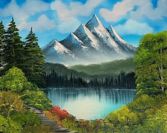 Towering Peaks: Bob Ross inspired Oil Painting on Stretched Canvas 22"x 18"