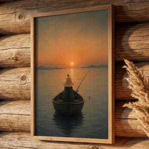 Fishing Cat Poster | Cat Fishing Wall Art | Sunset Cat Print | Cozy Cat Wall Decor | Cottagecore Cat Art | Fishing Gift | Cat Lover Gift