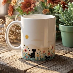 Könnte beinhalten: Ein weißer Keramikbecher mit einer aufgedruckten Illustration von zwei schwarzen Katzen, die in einem Feld aus bunten Wildblumen unter einer gelben Sonne sitzen. Der Becher hat einen geschwungenen Henkel und steht auf einer verwitterten Holzoberfläche.