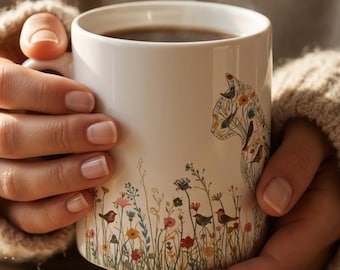 May include: A white ceramic mug featuring a colorful illustration of a cat silhouette filled with wildflowers and small birds. The mug contains a dark hot beverage with visible steam rising from the top, showcasing a detailed botanical design.