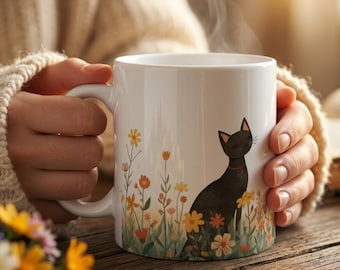 Two Cats Wildflower Meadow Mug | Golden Boho Cat Coffee Cup | Cottagecore Cat Mug | Cat Mom Gift | Watercolor Cat Ceramic Mug | Gift for Her