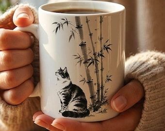 Bamboo Cat Coffee Mug · Be Still Watch Wonder · Cat Lover Gift · Minimalist Cat Mom Gift · Japanese Ink Art Mug · Sumi-e Ceramic Mug 11oz