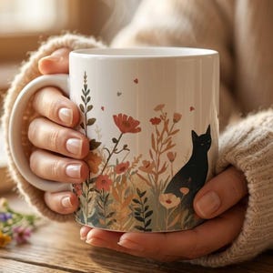 Black Cat Coffee Mug | Boho Wildflower Ceramic Mug | Cat Lover Gift | Cottagecore Mug | Floral Cat Mug | Cute Cat Mug | Gift for Cat Mom image 1