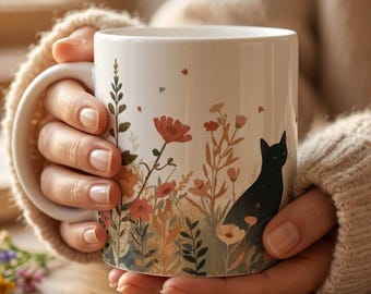 Black Cat Coffee Mug | Boho Wildflower Ceramic Mug | Cat Lover Gift | Cottagecore Mug | Floral Cat Mug | Cute Cat Mug | Gift for Cat Mom