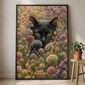 Könnte beinhalten: Ein gerahmter Kunstdruck, der eine schwarze Katze mit gelb-grünen Augen zeigt, die durch ein dichtes Feld aus rosa, violetten und weißen Wildblumen blickt. Die Katze hat eine Pfote leicht zwischen den texturierten, malerischen Blumenstängeln erhoben.