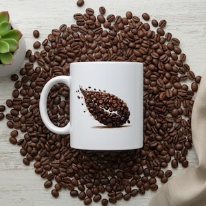 Könnte beinhalten: Weiße Keramik-Kaffeetasse mit einem Kaffeebohnen-Design aus Kaffeebohnen. Die Tasse steht auf einem Bett aus gerösteten Kaffeebohnen. Eine Sukkulentenpflanze in einem weißen Topf befindet sich im Hintergrund.