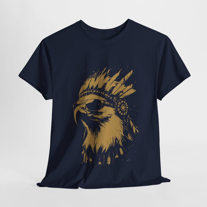 Cool Eagle with Sunglasses Tee | Golden Eagle with Native Indian Headdress | Modern Eagle Art Shirt | Gift for Him | Urban streetwear tee image 1