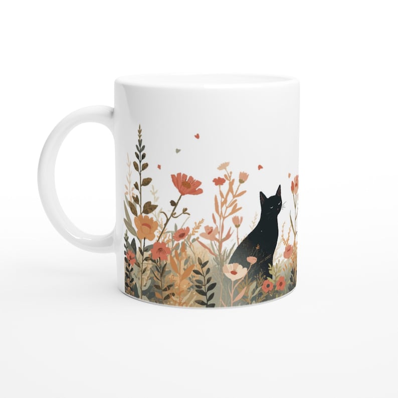 Black Cat Coffee Mug | Boho Wildflower Ceramic Mug | Cat Lover Gift | Cottagecore Mug | Floral Cat Mug | Cute Cat Mug | Gift for Cat Mom image 9