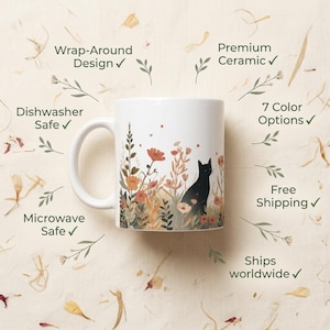 May include: A white ceramic mug featuring a wrap-around design of a black cat sitting among orange and brown wildflowers. Text labels include Wrap-Around Design, Premium Ceramic, 7 Color Options, Dishwasher Safe, Microwave Safe, Free Shipping, and Ships worldwide.