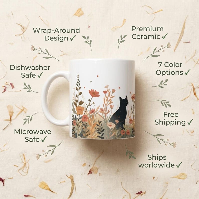 May include: A white ceramic mug featuring a wrap-around design of a black cat sitting among orange and brown wildflowers. Text labels include Wrap-Around Design, Premium Ceramic, 7 Color Options, Dishwasher Safe, Microwave Safe, Free Shipping, and Ships worldwide.
