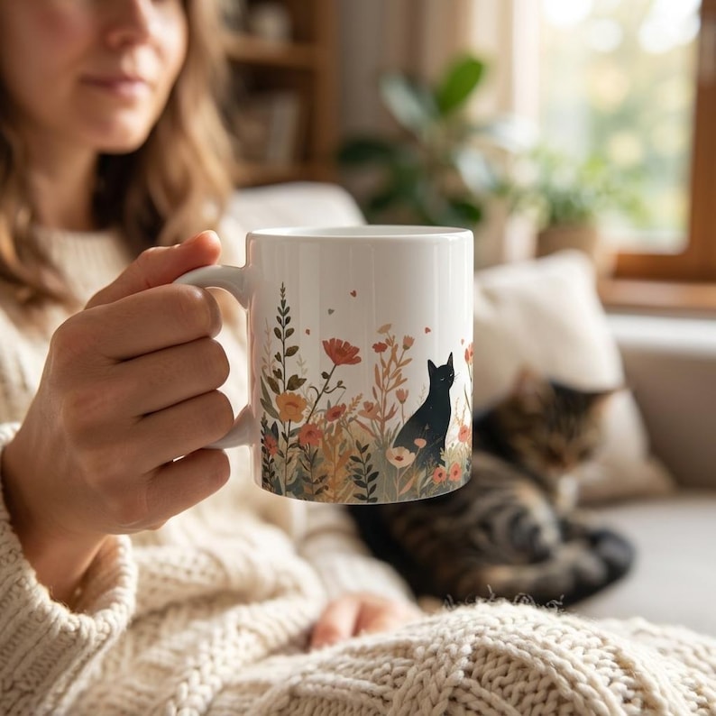 May include: A white ceramic mug featuring a printed illustration of a black cat sitting among various wildflowers in shades of orange, yellow, and green. The mug has a smooth, cylindrical body with a curved handle on the side for easy gripping.