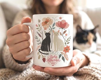 Boho Affection Cat Mom Mug | Two Cats Floral Coffee Cup | Cat Mom Gift | Boho Cat Lover Mug | Cottagecore Cat Gift | Beautiful Floral Cup