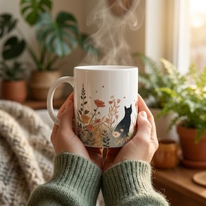 May include: A white ceramic mug featuring a printed illustration of a black cat sitting among various wildflowers in shades of orange, yellow, and green. The mug has a curved handle and contains a hot beverage with visible steam rising upward.